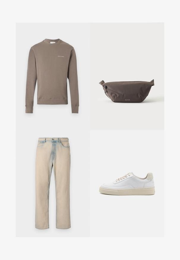 Langærmet taupe sweatshirt med ribbede manchetter og kant, med lille hvid "Tiger of Sweden" logo på venstre bryst.; Lyse beige denim jeans med lige ben design, falmede blå detaljer, fem lommer og en knaplukning i taljen.; Hvide sneakers med en glat læderoverdel, beige snørebånd og en tekstureret beige ruskindsheel-tab. Hævet sål for ekstra højde.; Mørkebrun stof talje taske med diagonalt lynlåslomme og lille hvidt logo på fronten, sat mod en ensfarvet lys baggrund.