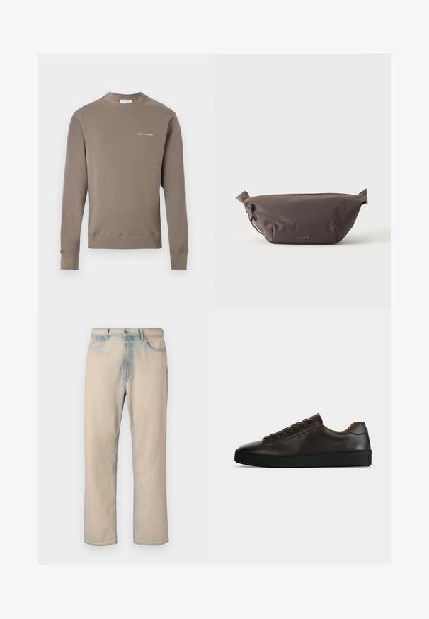 Langärmliges taupe Sweatshirt mit gerippten Bündchen und Saum, ausgestattet mit kleinem weißen "Tiger of Sweden"-Logo auf der linken Brust.; Helle beige Jeans aus Denim mit geradem Bein, verblassten blauen Akzenten, fünf Taschen und einem Knopfverschluss an der Taille.; Flach geschnittener dunkelbrauner Ledersneaker mit schwarzer Gummisohle, Schnürung vorne und schlicht-minimalistischem Design auf hellem Hintergrund.; Dunkelbraune Stoff-Gürteltasche mit diagonalem Reißverschlussfach und kleinem weißen Logo vorne, vor einem einfarbigen hellen Hintergrund.