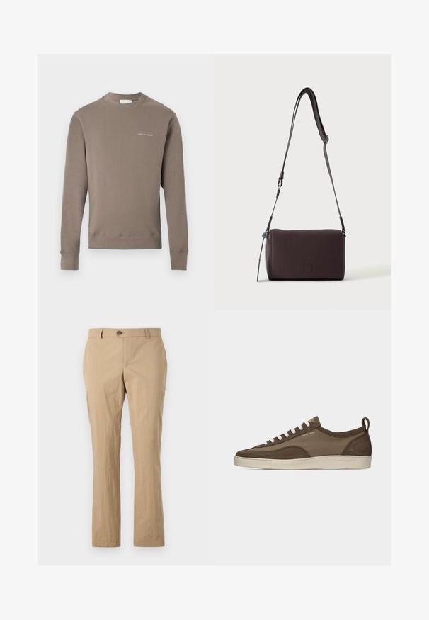 Langärmliges taupe Sweatshirt mit gerippten Bündchen und Saum, ausgestattet mit kleinem weißen "Tiger of Sweden"-Logo auf der linken Brust.; Beige Baumwollhosen mit geradem Bein, ausgestattet mit einem Knopfverschluss, Gürtelschlaufen und einer glatten Textur. Keine sichtbaren Muster.; Flacher brauner Sneaker mit weißen Schnürsenkeln, beiger Sohle, Obermaterial aus Stoff und Wildleder, seitlicher Zuglasche und "Tiger of Sweden"-Logo in goldener Schrift.; Dunkelbraune, strukturierte Leder-Crossbody-Tasche mit verstellbarem Riemen und kleinem dekorativen blauen Akzent an der Seite.