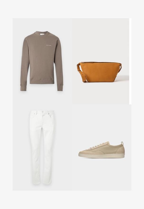 Sweatshirt taupe à manches longues avec des poignets et un ourlet côtelés, présentant un petit logo blanc "Tiger of Sweden" sur la poitrine gauche.; Jeans en denim blanc avec une coupe droite, un design à cinq poches et une fermeture à bouton en métal. Texture lisse et détails de couture minimaux.; Baskets beige basses avec tige en tissu et daim, lacets blancs, semelle en caoutchouc et languette à l'arrière, présentées en profil latéral sur fond blanc.; Sac bandoulière en cuir marron clair avec sangle réglable et fermeture éclair, présenté sur un fond clair uni.
