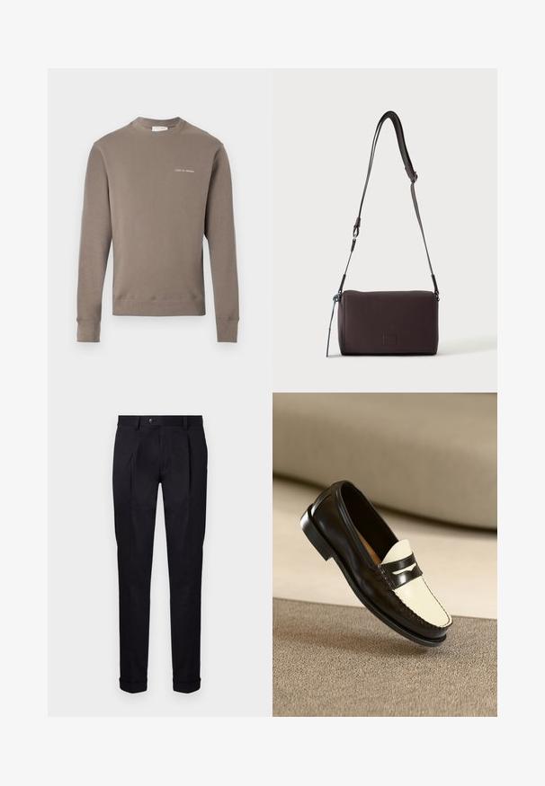 Langærmet taupe sweatshirt med ribbede manchetter og kant, med lille hvid "Tiger of Sweden" logo på venstre bryst.; Skræddersyede sorte bukser lavet af glat stof, med flad front, to frontplisseringer og manchetter i bunden for et rent og struktureret udseende.; Sort læderloafer med en cremefarvet vamp og sorte accentstriber, som har en lav hæl og detaljeret syning langs kanterne.; Mørkebrun textured læder crossbody taske med justerbar rem og lille dekorativ blå accent på siden.