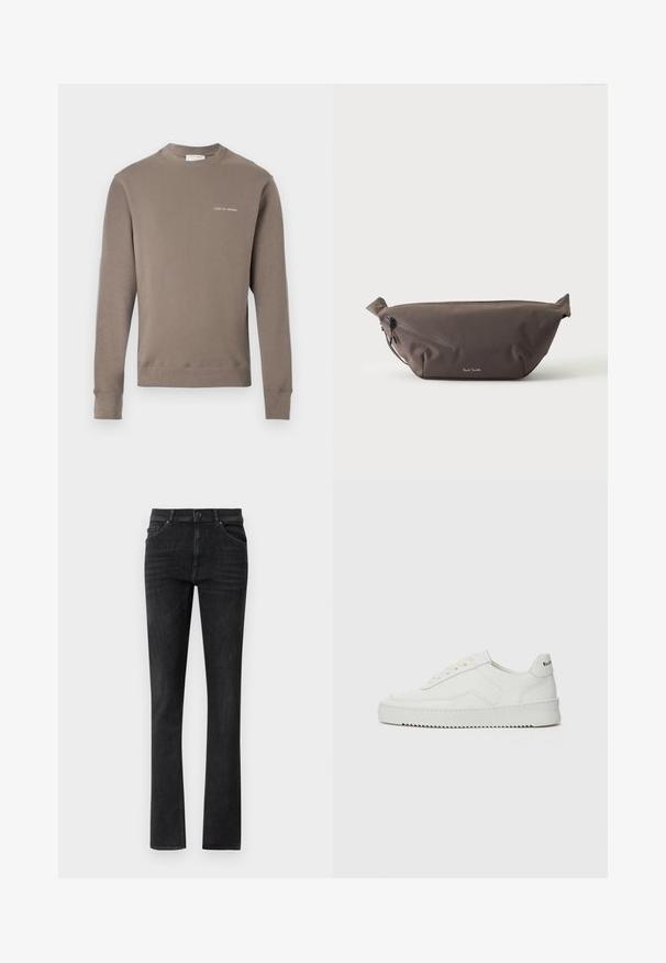 Langærmet taupe sweatshirt med ribbede manchetter og kant, med lille hvid "Tiger of Sweden" logo på venstre bryst.; Sorte denim jeans med lige ben, der har frontlommer og en knaplukning. Glat tekstur med subtil fading.; Hvide lædersneakers med en glat overflade, rund tå, flade snørebånd og en tekstureret sål. Har et diskret logo på hælen.; Mørkebrun stof talje taske med diagonalt lynlåslomme og lille hvidt logo på fronten, sat mod en ensfarvet lys baggrund.
