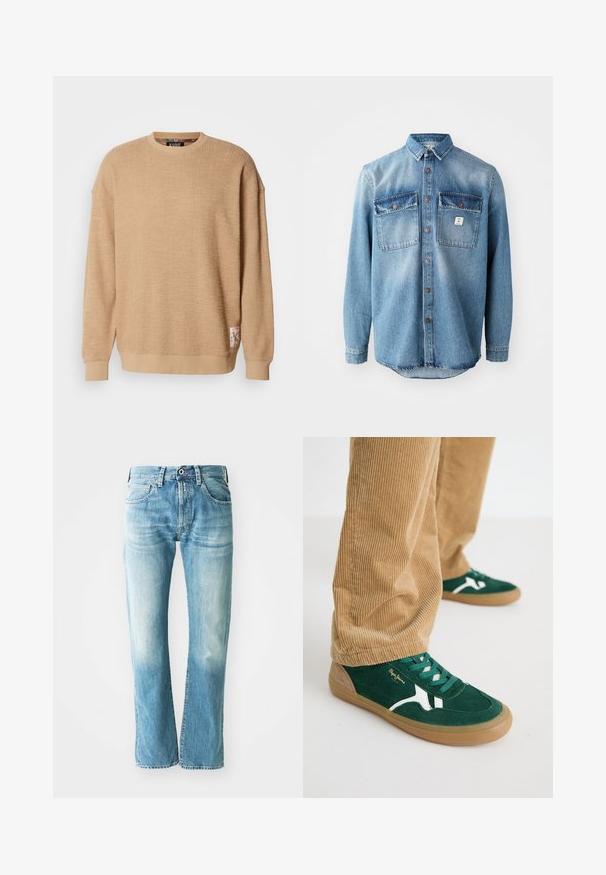 Scotch & Soda TEXTURED - Mikina - tannin; Svetlomodrá denimová košeľa s dlhými rukávmi, dvoma náprsnými vreckami, zapínaním na gombíky a kontrastnými tmavšími vrchnými časťami vreciek. Obsahuje zaoblený lem.; Svetlo modré džínsy s rovnými nohavicami, obsahujúce päť vreciek a detaily blednutia, s klasickým zipsom a gombíkom na zapínanie.; Zelené semišové tenisky s bielymi akcentami a zelenými šnúrkami. Gumová podrážka, zaoblená špička a hnedé detaily na päte. Nosia sa s kordové nohavicami.