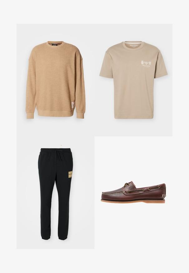 Scotch & Soda TEXTURED - Mikina - tannin; Béžové tričko s krátkym rukávom a okrúhlym výstrihom s malými grafikami hmyzu a logom "Marc O'Polo" na ľavej strane hrudníka.; Čierne tapered teplákové nohavice s elastickým pásom, sťahovacou šnúrkou, zúženými členkami a béžovým logo nášivkou Columbia na pravej stehne.; Hnedá kožená lodná topánka s bielym prešívaním, detailmi na šnúrky a svetlohnedou gumovou podrážkou, zobrazená z boku na bielom pozadí.