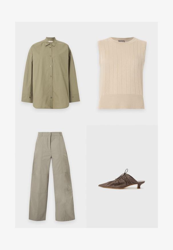Pull beige sans manches en maille avec un motif côtelé vertical et un ourlet large, comprenant un col rond.; Chemise beige à manches longues avec col, boutons sur le devant et une poche poitrine unique, présentée à plat sur un fond blanc.; Pantalon beige à jambes larges avec taille haute, passants pour ceinture, détails de coutures frontales et fermeture avant cachée.; Mule en cuir marron avec un bout pointu, texture froncée, petit talon et un accent de cordon de serrage à l'ouverture. Fini lisse.