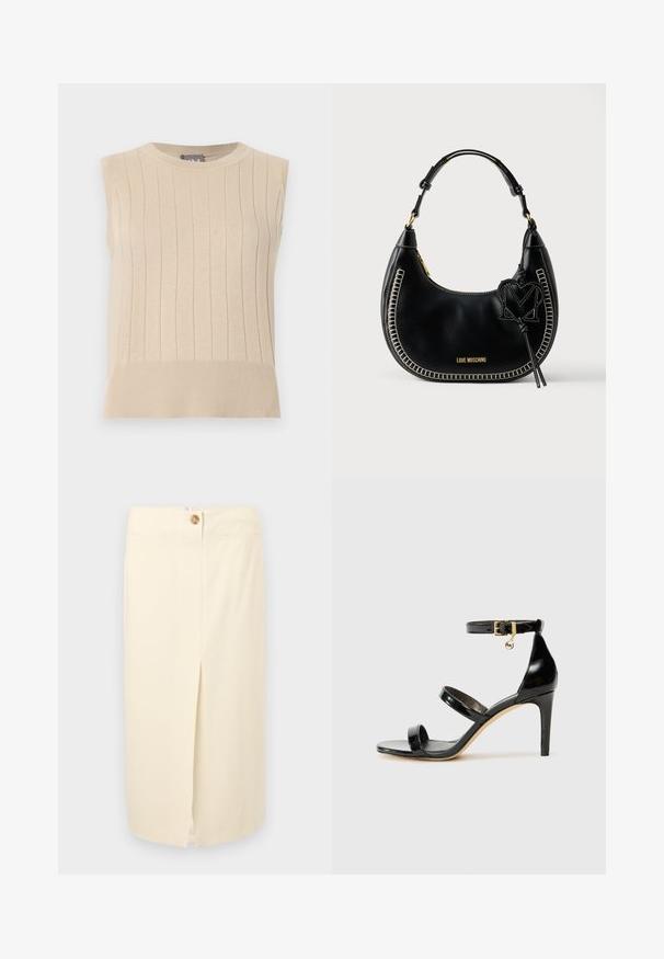 Ærmeløs beige strikket sweater med lodret ribbet mønster og bred kant, med rund halsudskæring.; Cremefarvet midi-nederdel med en frontslids, lynlås lukning og en enkelt knapdetalje. Lavet af glat stof med minimale sømdetaljer.; Sorte patenterede lædersandaler med tre stropper, ankelspænde og 10 cm stiletthæl. Har detaljer i guld og et logo charms.; Sort hobo-taske i læder med kontrasterende hvide syninger, buet form, gulddetaljer og en dekorativ 'M'-vedhæng.