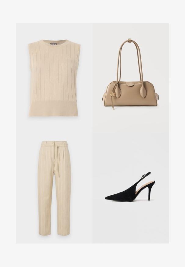 Ærmeløs beige strikket sweater med lodret ribbet mønster og bred kant, med rund halsudskæring.; Beige stribede bukser med en afslappet pasform, der har en indsnævret talje, knaplukning og bælte med slipseanordning, lavet af letvægtsstof.; Sort ruskind slingback pumpe med spids tå og slank høj hæl på hvid baggrund.; Beige håndtaske med glat lædertekstur. Rund form, to lange håndtag og en gulddetalje på lynlåsen.