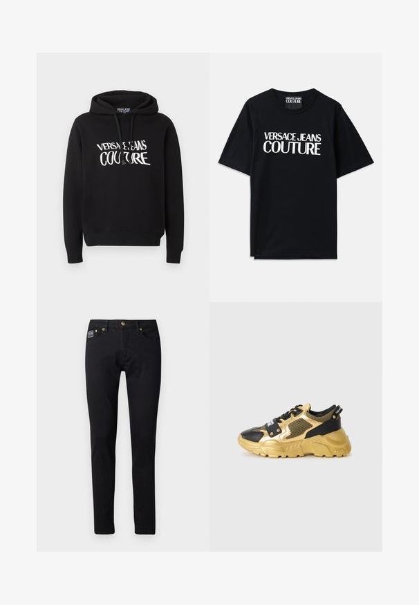 Čierna mikina s kapucňou a dlhými rukávmi s bielym nápisom "Versace Jeans Couture" na hrudi, s šnúrkami na kapucni.; Čierne bavlnené tričko s krátkymi rukávmi s veľkým bielym nápisom "VERSACE JEANS COUTURE" na prednej strane. Klasický dizajn s okrúhlym výstrihom.; Čierne džínsy z denimovej látky so slim fit strihom, s kovovými doplnkami v zlatej farbe, piatimi vreckami a malou značkovou etiketou na pravom vrecku.; Čierne a zlaté tenisky s vrchnou časťou z priedušnej sieťoviny, hrubou podrážkou a dekoratívnymi prvkami. Obsahujú výrazný logo nášivku v oblasti šnurovania.