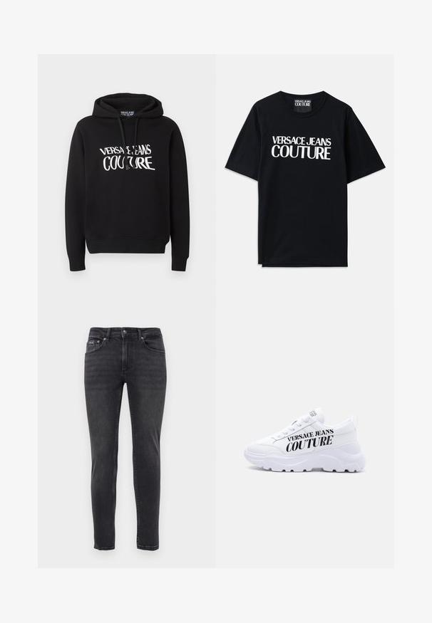 Sudadera negra con capucha y mangas largas, con texto blanco "Versace Jeans Couture" en el pecho, y cordones ajustables en la capucha.; Camiseta de algodón negra con mangas cortas que presenta un gran texto blanco "VERSACE JEANS COUTURE" en la parte delantera. Diseño clásico de cuello redondo.; Jeans de denim negros ajustados con cinco bolsillos y cierre de botón y cremallera, exhibidos sobre un fondo blanco liso.; Zapatilla blanca gruesa con suela gruesa, diseño con cordones y "Versace Jeans Couture" impreso en letras negras negritas en el lateral.