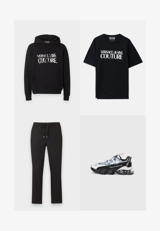 Sweat à capuche noir à manches longues avec texte blanc "Versace Jeans Couture" sur la poitrine, doté de cordons de serrage sur la capuche.; T-shirt en coton noir à manches courtes avec un grand texte blanc "VERSACE JEANS COUTURE" sur le devant. Design classique avec col rond.; Pantalon noir à jambes droites avec ceinture élastique et cordon de serrage à embouts métalliques, posé à plat sur un fond clair.; Baskets de sport avec un motif marbré blanc et noir, dotées d'une semelle rembourrée, d'un design à lacets et d'une marque sur le côté et le talon.