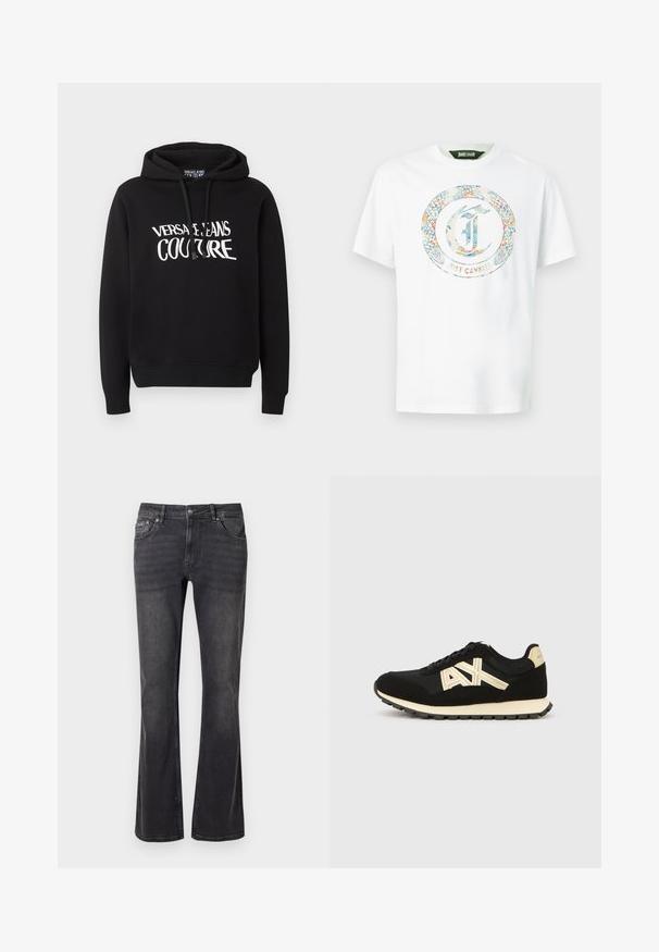 Schwarzer Kapuzenpullover mit langen Ärmeln und weißem "Versace Jeans Couture" Schriftzug auf der Brust, mit Kordelzügen an der Kapuze.; Weißes T-Shirt mit kurzen Ärmeln, vorne mittig mit einem bunten, floral gemusterten runden Logo und dem Schriftzug "Just Cavalli".; Schwarze Jeans aus Denim mit ausgestelltem Design, fünf Taschen und einem Metallknopfverschluss. Der Stoff hat eine glatte Textur mit dezentem Verblassen.; Schwarzer und beiger Sneaker mit niedrigem Schaft aus Mesh und Wildleder, beigem "AX"-Logo an der Seite und texturierter schwarzer Sohle.
