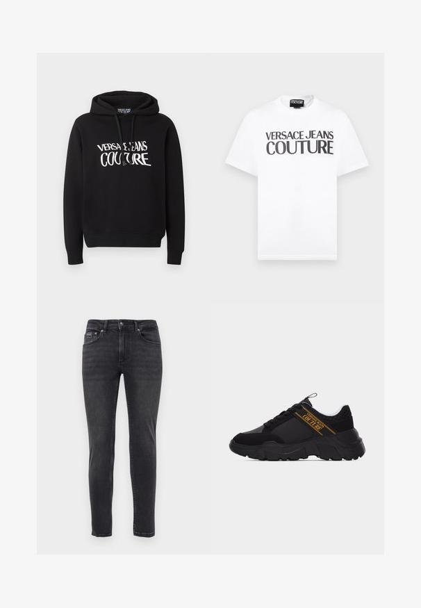 Must kapuutsiga dressipluus pikkade varrukatega ja valge "Versace Jeans Couture" tekstiga rinnal, kapuutsil loosimisnöörid.; Valge lühikeste varrukatega T-särk, millel on rinnal must tekst "VERSACE JEANS COUTURE" ja väikese brändisildiga kaeluse sees.; Slim-fit mustad teksased, viie tasku ja nööbi- ning tõmblukuga, esitlemine lihtsal valgel taustal.; Must turske tossud tekstuurse tallaga, kannal mesiemandri muster ja kuldse "Versace Jeans Couture" logoga külje peal.