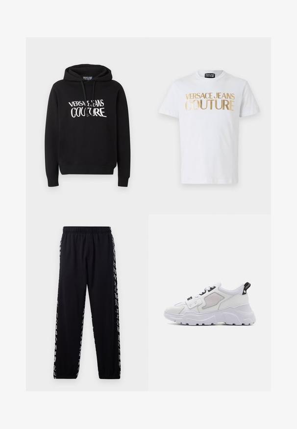 Sort hættetrøje med lange ærmer og hvid "Versace Jeans Couture" tekst på brystet, med snoretræk i hætten.; Hvid bomulds t-shirt med fedt guld "VERSACE JEANS COUTURE" tekst på fronten. Rund hals og korte ærmer.; Sorte sweatpants med elastisk talje og manchetter, prydet med hvidt abstrakt skriftprint langs de ydre sidesømme.; Hvide chunky sneakers med en tekstureret læderoverdel, mesh-detaljer, sort logo og en tyk hvid ydersål. Side-løkke for nemt slid.