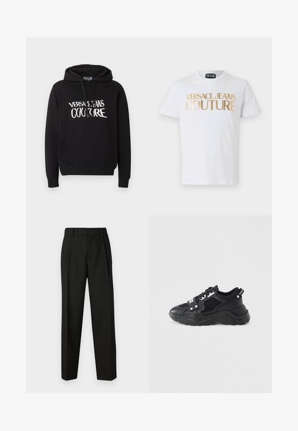 Sweat à capuche noir à manches longues avec texte blanc "Versace Jeans Couture" sur la poitrine, doté de cordons de serrage sur la capuche.; T-shirt en coton blanc avec un lettrage doré en gras "VERSACE JEANS COUTURE" sur le devant. Col rond et manches courtes.; Pantalon noir ajusté en tissu lisse. Présente une jambe droite, un fermeture à bouton unique et des passants de ceinture. Pas de motifs ni d'accents visibles.; Baskets noires à semelle épaisse, avec des panneaux en mesh et des accents en cuir. Comprennent des lacets blancs et un logo sur le côté.