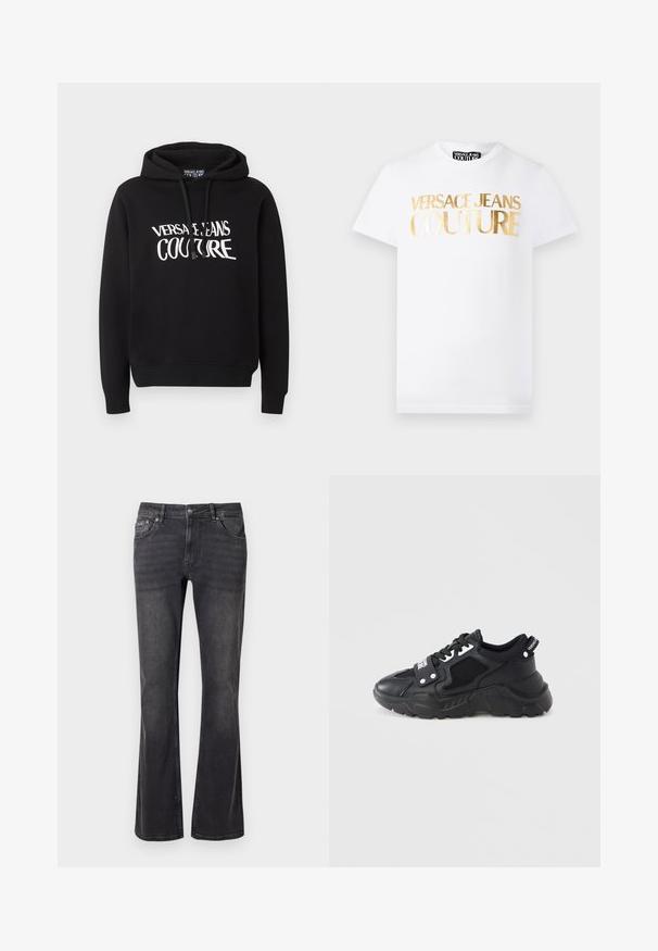 Schwarzer Kapuzenpullover mit langen Ärmeln und weißem "Versace Jeans Couture" Schriftzug auf der Brust, mit Kordelzügen an der Kapuze.; Weißes T-Shirt mit kurzen Ärmeln, vorne mit goldmetallischem Schriftzug "Versace Jeans Couture" und Rundhalsausschnitt.; Schwarze Jeans aus Denim mit ausgestelltem Design, fünf Taschen und einem Metallknopfverschluss. Der Stoff hat eine glatte Textur mit dezentem Verblassen.; Schwarzer Sneaker mit klobiger Sohle, der Mesh-Einsätze und Lederakzente aufweist. Enthält weiße Schnürsenkel und Branding an der Seite.