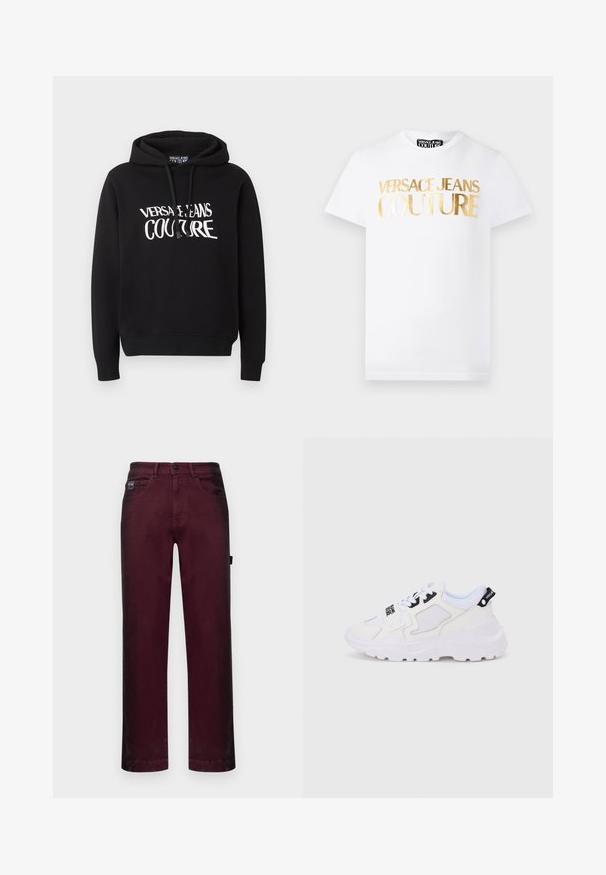 Schwarzer Kapuzenpullover mit langen Ärmeln und weißem "Versace Jeans Couture" Schriftzug auf der Brust, mit Kordelzügen an der Kapuze.; Weißes T-Shirt mit kurzen Ärmeln, vorne mit goldmetallischem Schriftzug "Versace Jeans Couture" und Rundhalsausschnitt.; Burgunderfarbene Denim-Hosen mit geradem Schnitt, fünf Taschen, Metallknopfverschluss und Gürtelschlaufen für eine verstellbare Passform.; Weiße Sportsneaker mit klobiger Sohle, Obermaterial aus Mesh und Synthetik, schwarzen Akzentdetails und Schnürsenkeln. Strukturierte Gestaltung und Logo an der Ferse.