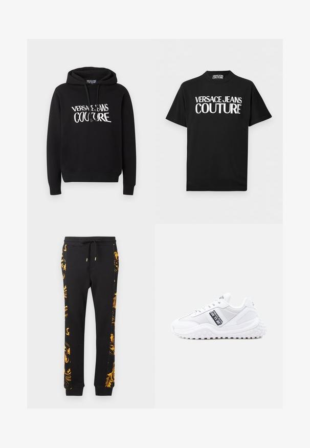 Čierna mikina s kapucňou a dlhými rukávmi s bielym nápisom "Versace Jeans Couture" na hrudi, s šnúrkami na kapucni.; Čierne tričko s krátkym rukávom s výrazným bielym textom „VERSACE JEANS COUTURE“ umiestneným v strede prednej strany a zodpovedajúcou štítkom vo vnútri goliera.; Čierne tepláky so zlatým kvetinovým vzorom po stranách, s úzkym strihom a elastickými manžetami. Vyrobené z mäkkej bavlnenej tkaniny.; Biele športové tenisky s textúrovanou podrážkou, sieťovinovými a syntetickými panelmi a čiernymi logami na boku. Zaoblená špička a šnurovací dizajn.