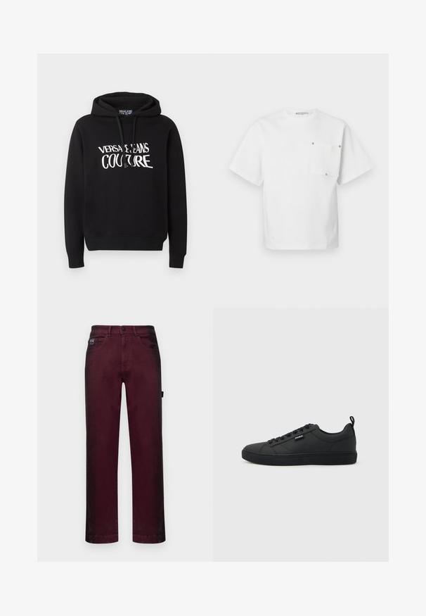 Schwarzer Kapuzenpullover mit langen Ärmeln und weißem "Versace Jeans Couture" Schriftzug auf der Brust, mit Kordelzügen an der Kapuze.; Weißes Kurzarm-T-Shirt mit Rundhalsausschnitt und einer rechteckigen Tasche auf der linken Brust, die mit vier Metallnieten befestigt ist.; Burgunderfarbene Denim-Hosen mit geradem Schnitt, fünf Taschen, Metallknopfverschluss und Gürtelschlaufen für eine verstellbare Passform.; Schwarzer Sneaker mit niedrigem Schnitt, Schnürverschluss, flacher Sohle und kleinem "HUGO"-Label an der Seite, im Profil auf hellem Hintergrund gezeigt.