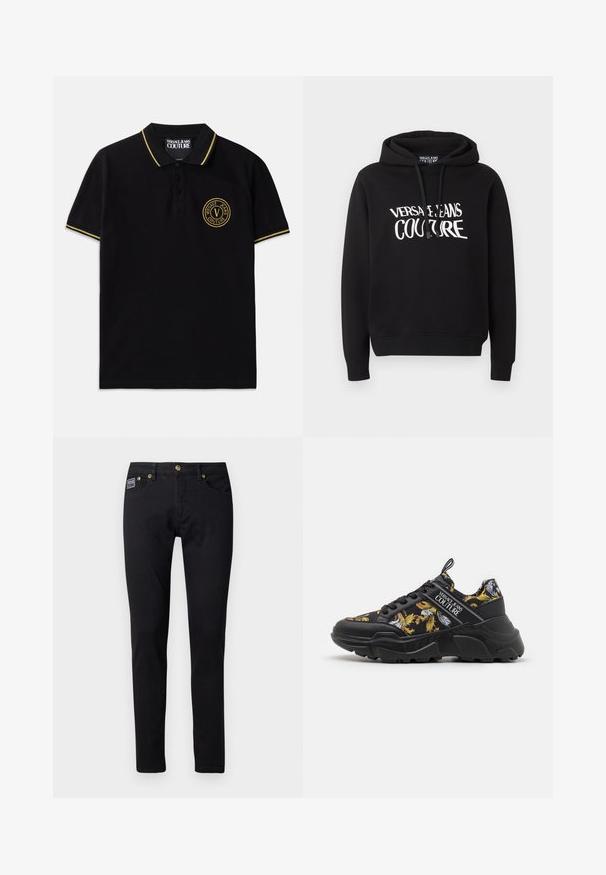 Čierna mikina s kapucňou a dlhými rukávmi s bielym nápisom "Versace Jeans Couture" na hrudi, s šnúrkami na kapucni.; Čierny polo tričko vyrobené z bavlny má golier so žltými pruhmi, zapínanie na dve gombíky a vyšitý kruhový logotyp na ľavej hrudi.; Čierne džínsy z denimovej látky so slim fit strihom, s kovovými doplnkami v zlatej farbe, piatimi vreckami a malou značkovou etiketou na pravom vrecku.; Čierne tenisky s kvetinovými vzormi v žltej a bielej farbe, s pevnou podrážkou, textilnými a syntetickými materiálmi a detailmi s logom.