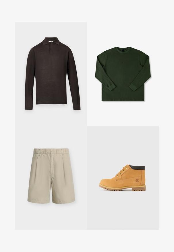 Polo à manches longues de couleur brun foncé, fabriqué en tissu doux, avec un col pointu et une patte de boutonnage à trois boutons. Texture lisse, sans motifs.; Sweatshirt à manches longues, col rond en vert foncé, texture côtelée, avec des poignets et un ourlet assortis. Présente un petit logo discret sur la poitrine.; Short beige pour homme avec taille élastique, fermeture par bouton, passants de ceinture, plis à l’avant et ourlet droit sur fond blanc.; Bottes mi-hautes en cuir tan avec bout rond, accents marron, œillets en métal jaune et semelle robuste. Logo Timberland embossé sur le côté.