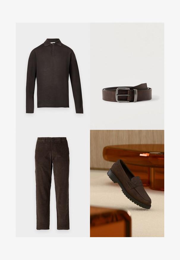 Donkerbruin poloshirt met lange mouwen van zachte stof, voorzien van een puntkraag en een knoopsluiting met drie knopen. Gladde textuur zonder patronen.; Bruine corduroybroek met een recht model, voorzien van een knoopsluiting aan de voorkant en standaard riemlussen. Soepele textuur en een klassieke snit.; Donkerbruine suède loafer met een grove zwarte zool, getoond boven een beige tapijt en nabij doorzichtige amberkleurige meubels.; Donkerbruine leren riem met een zilveren rechthoekige gesp, opgerold en tegen een lichte neutrale achtergrond geplaatst.