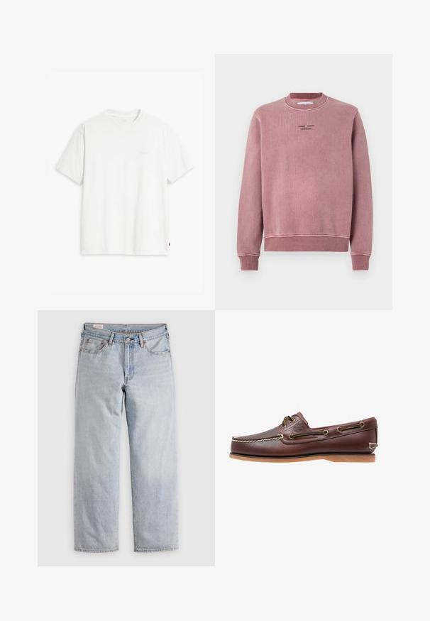 Roze sweatshirts met een gestructureerde stof, ribbelmanchetten en -nek, en geborduurde logo-details in zwart op de voorkant.; Wit katoenen T-shirt met korte mouwen, ronde hals en een subtiel "Levi's" logo in een lichte kleur op de voorkant gedrukt.; Lichtblauwe rechte jeans met een hoge taille, knoopsluiting en voor- en achterzakken, gepresenteerd op een vlakke ondergrond.; Bruine leren bootschoen met witte stiksels, veterdetails en beige rubberen zool, zijaanzicht op een witte achtergrond.