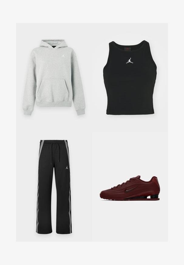Grå bomulds-hoodie med kengurulomme, snøre i hætten og en hvid Jordan-logo på venstre bryst. Har ribbede ærmegab og kant.; Sort tætsiddende tanktop lavet af bomuld, med rund udskæring og et hvidt Jordan-logo syet på fronten i midten. Glat tekstur.; Sorte atletikbukser med hvide sidelister, elastisk taljebånd med snoretræk og en lille Jumpman-logo på højre lår.; Bordeaux Nike sneakers med sorte sål accenter, snørebånd og swoosh logo, vist i profil på hvid baggrund.