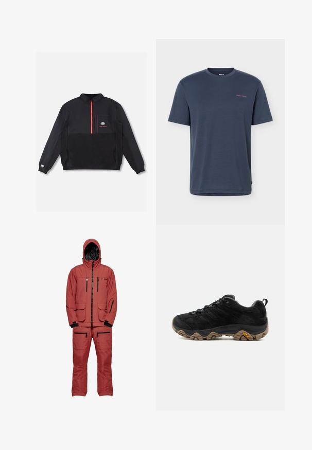 Schwarzer Fleece-Pullover mit langen Ärmeln, rotem Viertel-Reißverschluss, Brusttasche mit Logo, roten Steppnähten und elastischen Bündchen vor weißem Hintergrund.; Marineblaue T-Shirt mit kurzem Ärmel und Rundhalsausschnitt, vorne links oben ein kleines pinkes "Helly Hansen"-Logo.; Roter wasserdichter Skianzug mit Kapuze, ausgestattet mit schwarzen Reißverschlüssen und Akzenten, mehreren Taschen und einem strukturierten Stoff für Isolierung.; Schwarzer Wanderschuh mit robuster brauner Vibram-Sohle, Mesh- und Wildleder-Obermaterial, Schnürdesign und hinterer Zuglasche, von der Außenseite gezeigt.