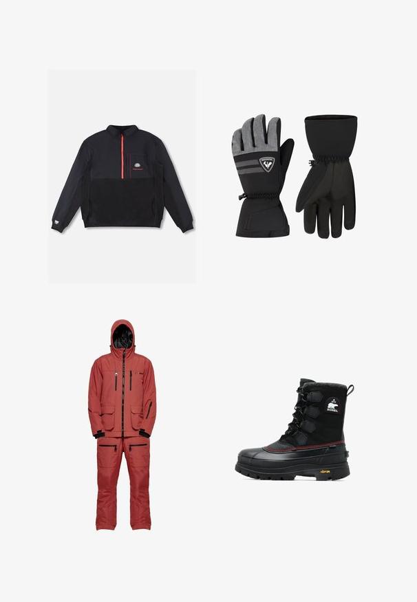 Sort langærmet fleece-trøje med rød kvart-lynlås, brystlomme med logo, røde syninger og elastiske manchetter på hvid baggrund.; Rød vandtæt skijakke med hætte, der har sorte lynlåse og detaljer, flere lommer og et tekstureret stof til isolering.; Sort højtop vinterstøvle med røde syninger, snørelukning foran, fleecekrave og Vibram-sål, med en Sorel 90°N isbjørnelogo-patch.; Sorte vinterhandsker med en grå tekstureret underside, der har et logo, elastiske manchetter og forstærkede områder for greb og varme.