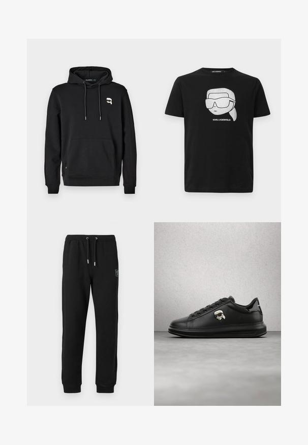 Schwarzer Hoodie mit einer Kängurutasche, einer Kapuze mit Kordelzug und Logo-Detail auf der linken Brust. Hergestellt aus weichem Stoff mit gerippten Bündchen und Saum.; Schwarzes Baumwoll-T-Shirt mit einem weißen Grafikdesign eines stilisierten Charakters, der große Sonnenbrillen trägt, und dem Text "KARL LAGERFELD" unter dem Bild.; Schwarze Sweatpants aus weichem Material mit elastischem Bund und Kordelzug, seitlichen Taschen und schmal zulaufenden Bündchen an den Knöcheln.; Person trägt schwarze Lederhosen und schwarze Sneakers mit einem kleinen Comic-Charakter-Anhänger an der Seite, steht auf einem Holzboden.
