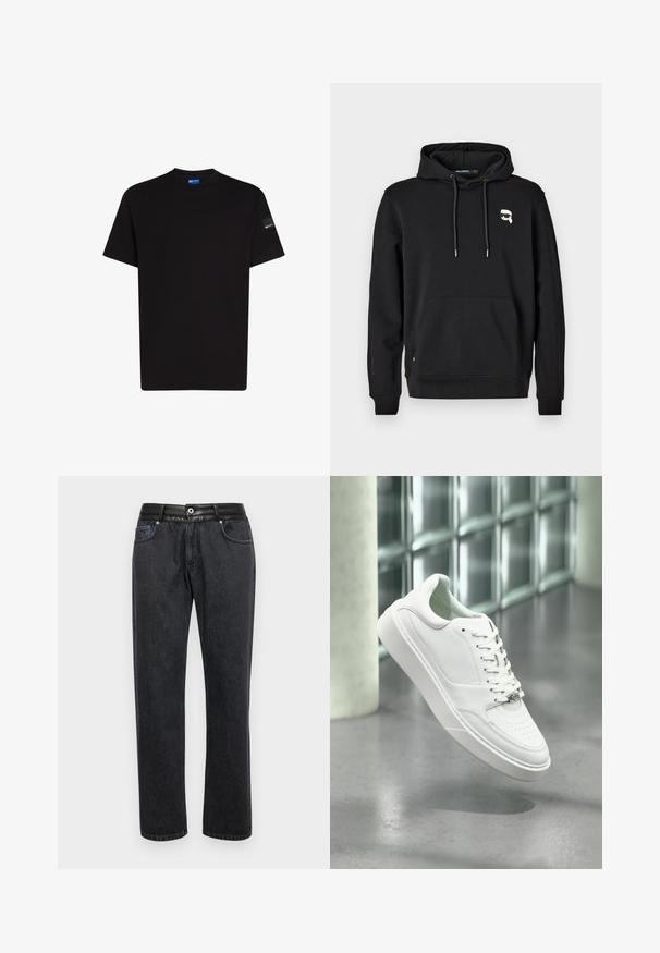 Zwarte hoodie met een frontzak, capuchon met trekkoord en logodetail op de linkerborst. Gemaakt van zachte stof met ribgebreide manchetten en onderrand.; Zwarte katoenen t-shirt met korte mouwen, ronde halslijn en een klein labelaccent op de linkermouw. Zachte textuur, normale pasvorm.; Zwarte denim jeans met een rechte pasvorm, voorzien van een soepele leren tailleband, frontzakken en subtiele stikseldetails.; Witte leren sneaker met een afgeronde neus, vetersluiting aan de voorkant en een platte rubberen zool. Voorzien van geperforeerde details en een subtiel logo-accent.