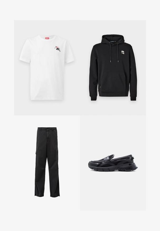 Hoodie noir avec une poche avant, capuche à cordon de serrage et détail de logo sur la poitrine gauche. Fabriqué en tissu doux avec des poignets et un ourlet côtelés.; T-shirt en coton blanc avec un petit motif noir et rouge sur le côté gauche de la poitrine et une étiquette logo rouge au niveau de l'encolure. Manches courtes, col rond.; Pantalons cargo noirs avec une coupe droite, fermeture à bouton et poches latérales. Tissu lisse avec une finition mate et sans motifs visibles.; Baskets noires à enfiler avec semelle épaisse texturée et panneaux en maille, conçues pour un usage décontracté et sportif.