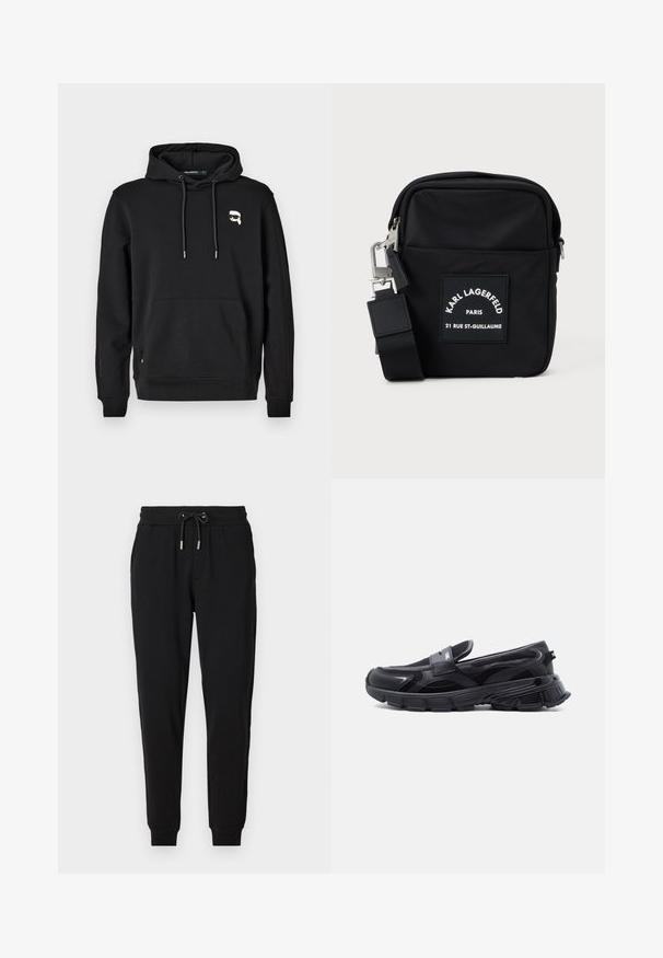 Sudadera negra con bolsillo frontal, capucha con cordones y detalle del logo en el lado izquierdo del pecho. Fabricada en tela suave con puños y dobladillo acanalados.; Pantalones deportivos negros con cintura elástica, cordón ajustable, bolsillos laterales y piernas ajustadas. Fabricados con un tejido suave y elástico.; Zapatilla negra sin cordones con suela gruesa y texturizada y paneles de malla, diseñada para uso casual y deportivo.; Bolsa cruzada de nailon negra con forma rectangular, presenta una etiqueta en el parche frontal, herrajes plateados y una correa ajustable.