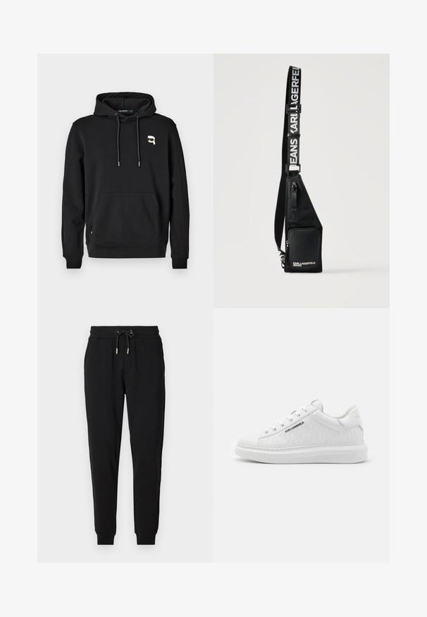 Sort hættetrøje med en frontlomme, snoretræk i hætten og logo-detajle på venstre bryst. Fremstillet af blødt stof med ribbede manchetter og kant.; Sorte sweatpants med elastisk talje, justerbar snor, sidelommer og tapered ben. Fremstillet af blødt, strækbart stof.; Hvide sneakers lavet af glat læder med prægede mønstre. Har rund tå, snørebånd foran og struktureret sål. Sølvlogo detalje på siden.; Sort crossbody taske med lynlåslomme foran og justerbar rem med teksten "KARL LAGERFELD JEANS" i hvide bogstaver.