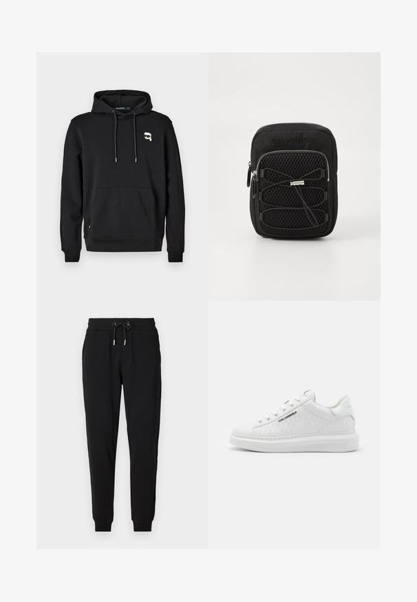 Zwarte hoodie met een frontzak, capuchon met trekkoord en logodetail op de linkerborst. Gemaakt van zachte stof met ribgebreide manchetten en onderrand.; Zwarte joggingsbroek met een elastische tailleband, verstelbare koord, zijzakken en tapered pijpen. Gemaakt van zachte, rekbare stof.; Witte sneaker van glad leer met een reliëfpatroon. Heeft een ronde neus, vetersluiting aan de voorkant, en een textuurzool. Zilveren logo detail aan de zijkant.; Zwarte crossbodytas met een textuur van gaas aan de voorkant, ritssluiting en een verstelbaar bungee koordontwerp. Gemaakt van duurzaam materiaal.