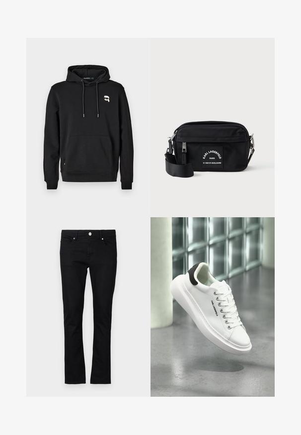 Hoodie noir avec une poche avant, capuche à cordon de serrage et détail de logo sur la poitrine gauche. Fabriqué en tissu doux avec des poignets et un ourlet côtelés.; Jeans en denim noir à coupe slim, design à jambe droite, style cinq poches, et fermeture à bouton en métal, avec des détails de couture minimalistes.; Baskets basses blanches à semelle épaisse, avec languette de talon noire, devant à lacets, et logo "KARL LAGERFELD" sur le côté, flottant au-dessus d'un sol gris.; Sac en nylon noir à bandoulière avec fermeture éclair, sangle ajustable et un patch de marque blanc arborant "Karl Lagerfeld Paris". Design compact.