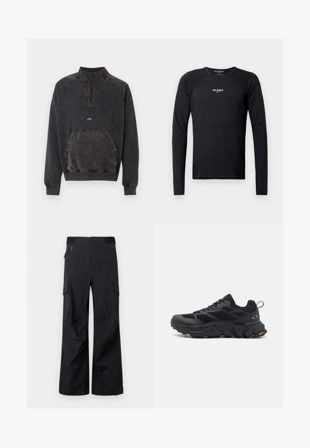 Sort sweatshirts med halv lynlås, kængurulomme, ribstrikkede manchetter og kant samt lille "A C W" logo på brystet.; Sort langærmet træningsskjorte lavet af glat, letvægtsstof. Har rund hals, raglanærmer og en diskret logo på brystet.; Sorte cargo-bukser lavet af et glat, vandafvisende stof. Har brede ben, flere sidelommer og en flad talje med diskret branding.; Sorte sportsko med en kraftig sål, mesh- og syntetisk overdel, teksturerede detaljer og Vibram-branding på ydersålen.