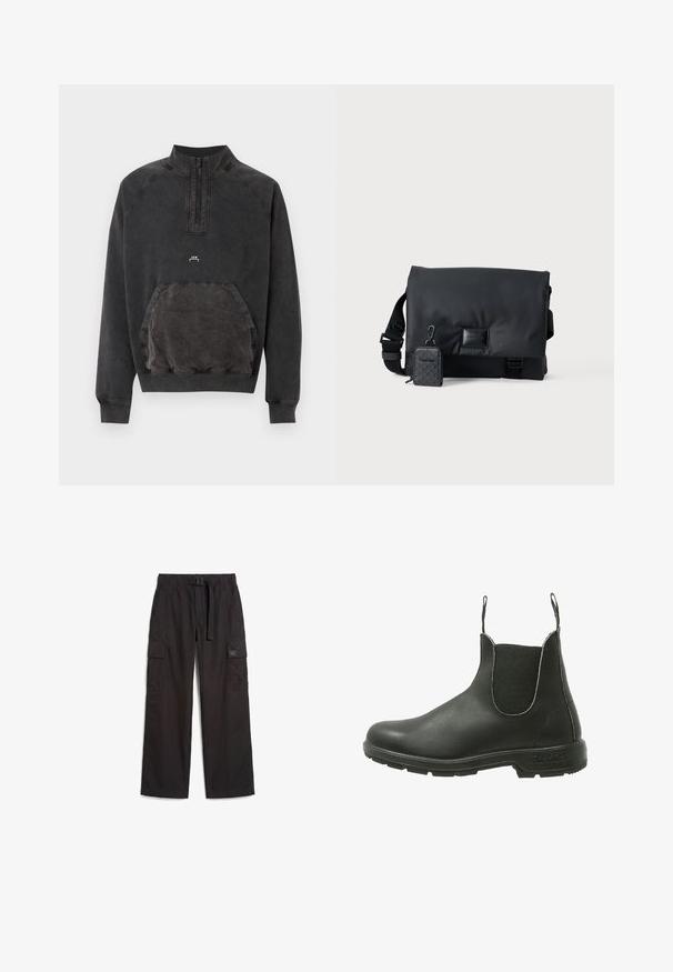 Zwart gewassen halve rits sweater met kangoeroezak, geribde manchetten en zoom, en klein "A C W" logo op de borst.; Zwarte cargobroek met elastische tailleband, verstelbare riem, zijflapzakken en een klein logopatch op de rechterzak.; Zwarte leren Chelsea-boot met elastische zijpanelen, ronde neus en een textuur rubberen zool, ontworpen voor gemakkelijke instap.; Zwarte schoudertas met een strak, glad oppervlak, een verstelbare schouderriem en een klein afneembaar zakje met een geometrisch patroon.
