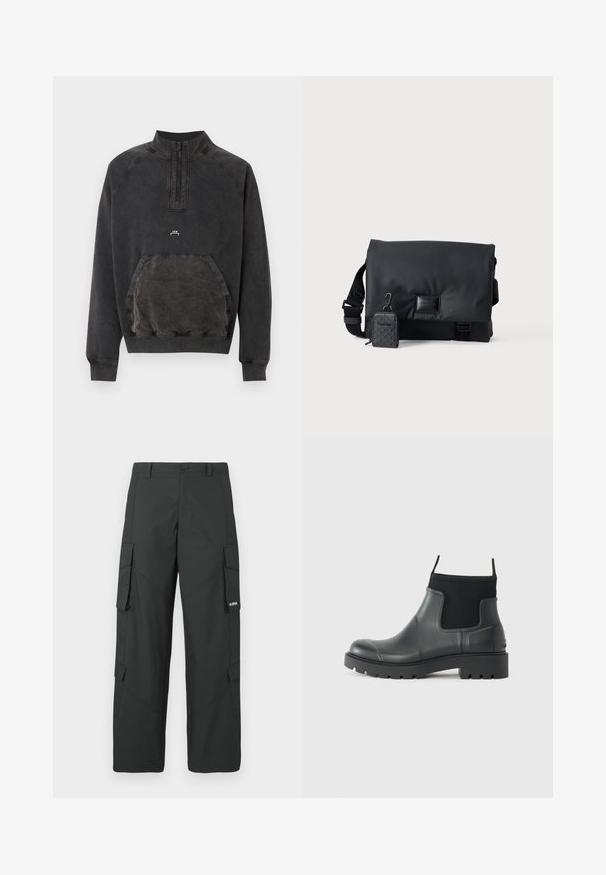 Schwarzes Sweatshirt mit halbem Reißverschluss, Kängurutasche, gerippten Bündchen und Saum sowie kleinem "A C W" Logo auf der Brust.; Schwarze gerade Cargo-Hosen mit seitlichen Klappentaschen, Druckknopfverschluss, Gürtelschlaufen und kleinem weißen Logo auf der Klappentasche rechts.; Schwarze Knöchelstiefel aus Gummi mit matter Oberfläche, die ein schlankes Design, elastische Einsätze und eine robuste Sohle für bessere Bodenhaftung bieten.; Schwarze Umhängetasche mit einer eleganten, glatten Außenseite, einem verstellbaren Trageriemen und einem kleinen abnehmbaren Beutel mit geometrischem Muster.