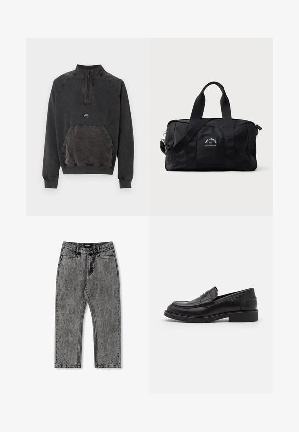Schwarzes Sweatshirt mit halbem Reißverschluss, Kängurutasche, gerippten Bündchen und Saum sowie kleinem "A C W" Logo auf der Brust.; Graue Denim-Jeans mit einem verranzten Finish, geradem Bein Design und fünf Taschen. Mit einem Etikett mit "FORMER" am Bund.; Schwarze Lederloafer mit abgerundetem Zeh, farblich abgestimmtem Nähen und einem Riemendetail an der Vorderseite. Gummi-Sohle mit niedrigem Absatz.; Schwarze Reisetasche aus Nylon, mit zwei oberen Griffen, einem abnehmbaren Schultergurt und einem rechteckigen Körper mit einem Logopatch.