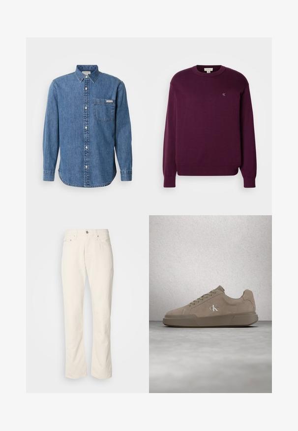 Paarse gebreide trui met lange mouwen, ronde hals, geribbelde zoom en manchetten, en een klein CK-logo op de borst. Gladde textuur.; Denim overhemd in medium blauw met een button-down kraag, lange mouwen, een borstzak en witte knopen. Heeft een licht afgeronde zoom.; Beige katoenen jeans met een klassiek recht model, met een knoopsluiting aan de voorkant, vijf zakken en subtiele stikdetails.; Beige suède sneaker met veters en "ck"-logo, zwevend boven een gepolijste betonnen vloer met een achtergrond van glazen blokken.