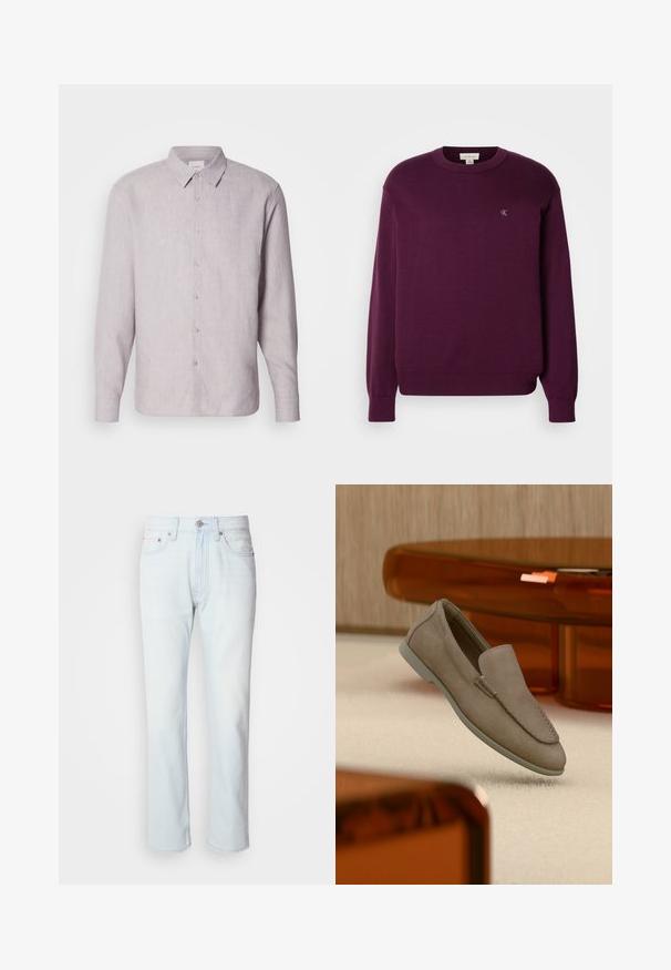 Pull en tricot violet avec manches longues, col rond, bord-côte en bas et aux poignets, arborant un petit logo CK sur la poitrine. Texture lisse.; Chemise en lin gris clair avec col, manches longues et boutonnière. Présente une texture subtile et des boutons en nacre le long de la patte de boutonnage.; Jean en denim bleu clair avec une coupe droite. Présente une fermeture à bouton et des passants de ceinture, mettant en valeur une texture décolorée et des coutures minimalistes.; Mocassin beige en daim à enfiler avec coutures visibles et semelle claire, positionné au-dessus d'un tapis crème, avec un meuble translucide orange en arrière-plan.