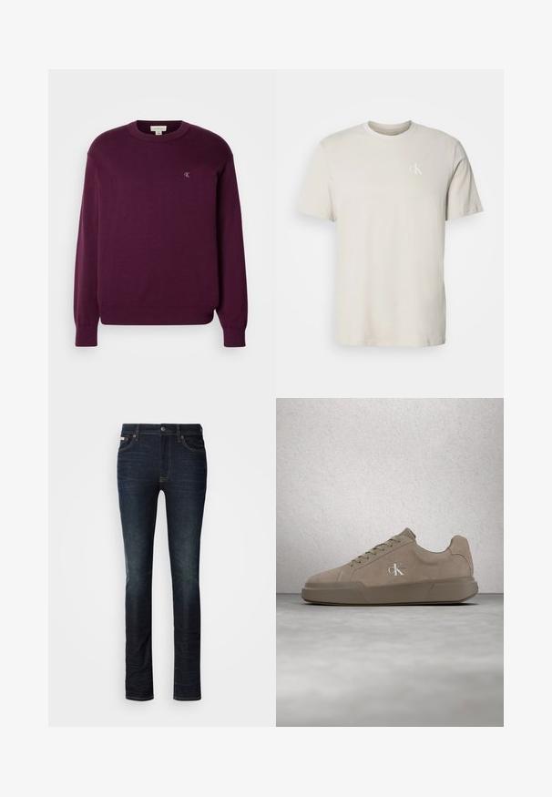Lila Strickpullover mit langen Ärmeln, rundem Ausschnitt, geripptem Saum und Bündchen, mit kleinem CK-Logo auf der Brust. Glatte Textur.; Beige kurzärmeliges Baumwoll-T-Shirt mit rundem Ausschnitt und kleinem weißem "cK"-Logo auf der linken Brust.; Dunkelblaue Slim-Fit-Jeans mit Knopf- und Reißverschluss, Fünf-Taschen-Design und subtilen Ausbleichungen an Oberschenkeln und Knien.; Beiger Veloursledersneaker mit Schnürsenkeln und "ck"-Logo, schwebend über einem polierten Betonboden vor einer Wand aus Glasklötzen dargestellt.