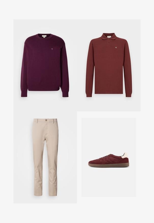 Sweater de punto morado con mangas largas, cuello redondo, dobladillo y puños acanalados, que presenta un pequeño logo de CK en el pecho. Textura suave.; Camisa polo de manga larga color marrón, hecha de algodón, con un cuello clásico, botonera de tres botones y un pequeño logo bordado en el pecho.; Chinos de algodón beige con corte recto, trabillas para cinturón, un solo botón frontal y una superficie lisa, sin texturizar. No se ven bolsillos.; Zapatilla deportiva de ante color burdeos con cierre de cordones en la parte delantera, detalles texturizados en los laterales y acento en el talón de color claro. Suela de goma con acabado liso.