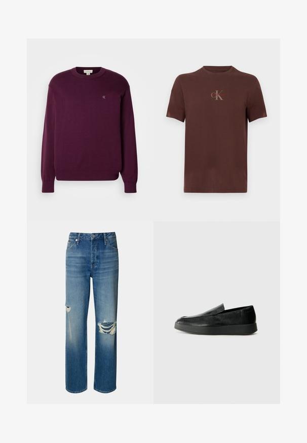 Lila Strickpullover mit langen Ärmeln, rundem Ausschnitt, geripptem Saum und Bündchen, mit kleinem CK-Logo auf der Brust. Glatte Textur.; Braunes Baumwoll-T-Shirt mit kurzen Ärmeln, einem Brustlogo in Grau und Rot, rundem Ausschnitt und einem lockeren Schnitt.; Helle blaue Denim-Jeans mit hoher Taille, geradem Bein und ausgefransten Rissen an beiden Knien. Mit klassischem Fünf-Taschen-Design und Knopfverschluss.; Calvin Klein HYBRID CUP - Slipper - triple black