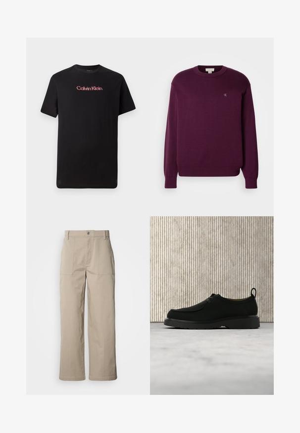 Lilla striktrøje med lange ærmer, rund hals, ribbet kant og manchetter, med et lille CK-logo på brystet. Glat tekstur.; Sort kortærmet t-shirt lavet af bomuld, med et centralt Calvin Klein-logo i rød og hvid, med rund halsudskæring og afslappet pasform.; Beige bukser med vide ben lavet af bomuld; har forlommer, knaplukning og synlig syning langs kanterne.; Sort lædersko til fritid med snørebånd, tyk sål og træksnor, placeret i luften over beige tæppe med brunt rundt møbel i baggrunden.