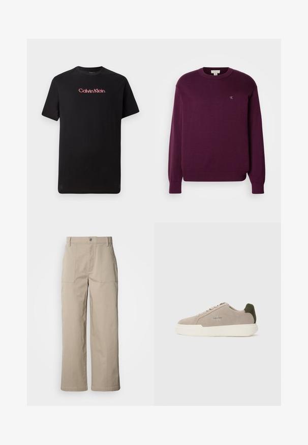 Sweater de punto morado con mangas largas, cuello redondo, dobladillo y puños acanalados, que presenta un pequeño logo de CK en el pecho. Textura suave.; Camiseta de manga corta negra de algodón, con un logo central de Calvin Klein en rojo y blanco, con cuello redondo y corte relajado.; Pantalones beige de pierna ancha hechos de algodón; cuentan con bolsillos frontales de parche, cierre con botón y costuras visibles a lo largo de los dobladillos.; Zapatillas de piel de ante beige con suela de goma blanca, que presentan un acento en el talón de color verde oscuro y un sutil logo en el lateral.