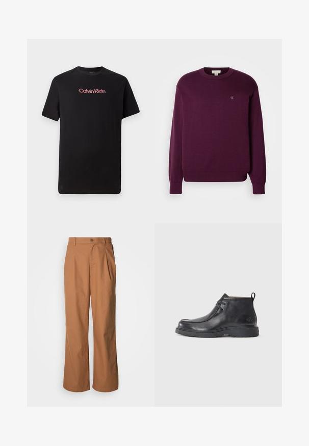 Lilla striktrøje med lange ærmer, rund hals, ribbet kant og manchetter, med et lille CK-logo på brystet. Glat tekstur.; Sort kortærmet t-shirt lavet af bomuld, med et centralt Calvin Klein-logo i rød og hvid, med rund halsudskæring og afslappet pasform.; Bukser med vide ben i et varmt brunt stof, med frontknaplukning, diskrete folder og en lige pasform for en afslappet komfort.; Sorte læder ankelstøvler med rund tå, snørelukning og en løkke bagpå. Tekstureret overdel og gummisål.
