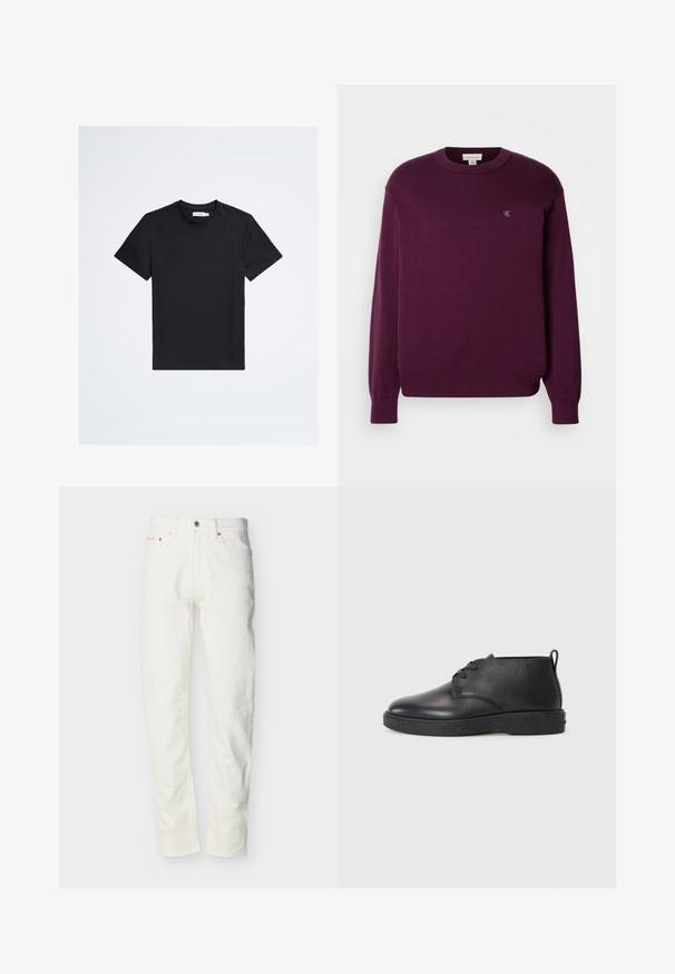Lila Strickpullover mit langen Ärmeln, rundem Ausschnitt, geripptem Saum und Bündchen, mit kleinem CK-Logo auf der Brust. Glatte Textur.; Schwarzes T-Shirt mit kurzen Ärmeln und Rundhalsausschnitt mit kleinem tonalem Logo auf der linken Brust und weißem Markenetikett im Kragen.; Herren-Jeans aus weißem Denim mit geradem Bein, vorderer Knopfleiste und Reißverschluss, Gürtelschlaufen und Fünf-Taschen-Design.; Schwarze Leder-Stiefeletten mit glatter Textur, abgerundeter Spitze und schwarzer Gummisohle. Verfügt über ein Schnürdesign und eine Fersenschlaufe für ein einfaches Anziehen.