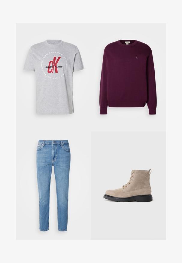 Paarse gebreide trui met lange mouwen, ronde hals, geribbelde zoom en manchetten, en een klein CK-logo op de borst. Gladde textuur.; Grijze katoenen t-shirt met ronde hals, korte mouwen en een centrale afbeelding met "Calvin Klein" en "CK" in rood en zwart.; Lichtblauwe denim jeans met een rechte pasvorm, vijf zakken en subtiele vervaging. Voorzien van een knoopsluiting en riemlussen.; Beige suède enkellaarsjes met zwarte rubberen zool, vetersluiting en een klein logo dat aan de zijkant is gedrukt, voorzien van een trekloop aan de achterkant.